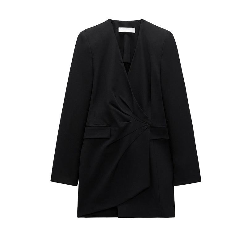 Long Sleeve V-neck Waist-controlled Slimming Pocket Black Color & Pleats Coat Dress - YB Gift Store