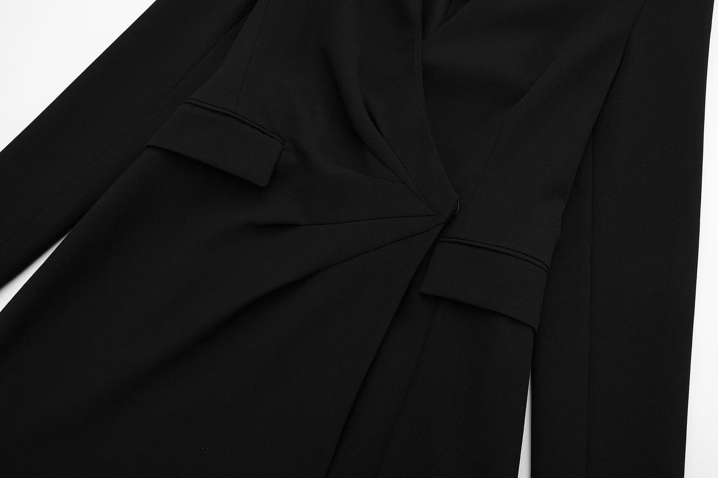 Long Sleeve V-neck Waist-controlled Slimming Pocket Black Color & Pleats Coat Dress - YB Gift Store