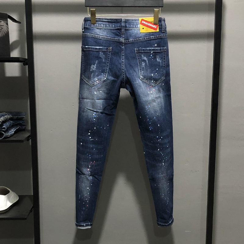 Painted Speckled Decoration Vintage Personalized Beggar Slim Fit Distressed Jeans - YB Gift Store
