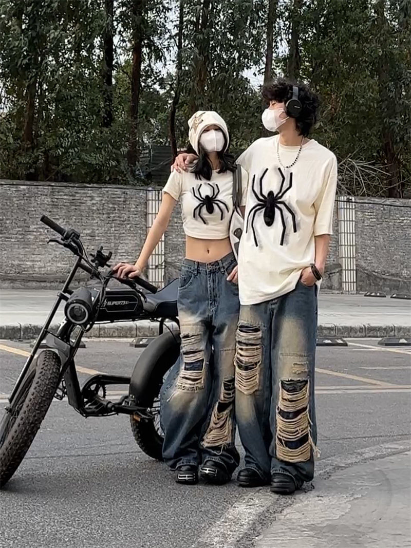 Retro Design Sense Couple Spider Flocking Top - YB Gift Store