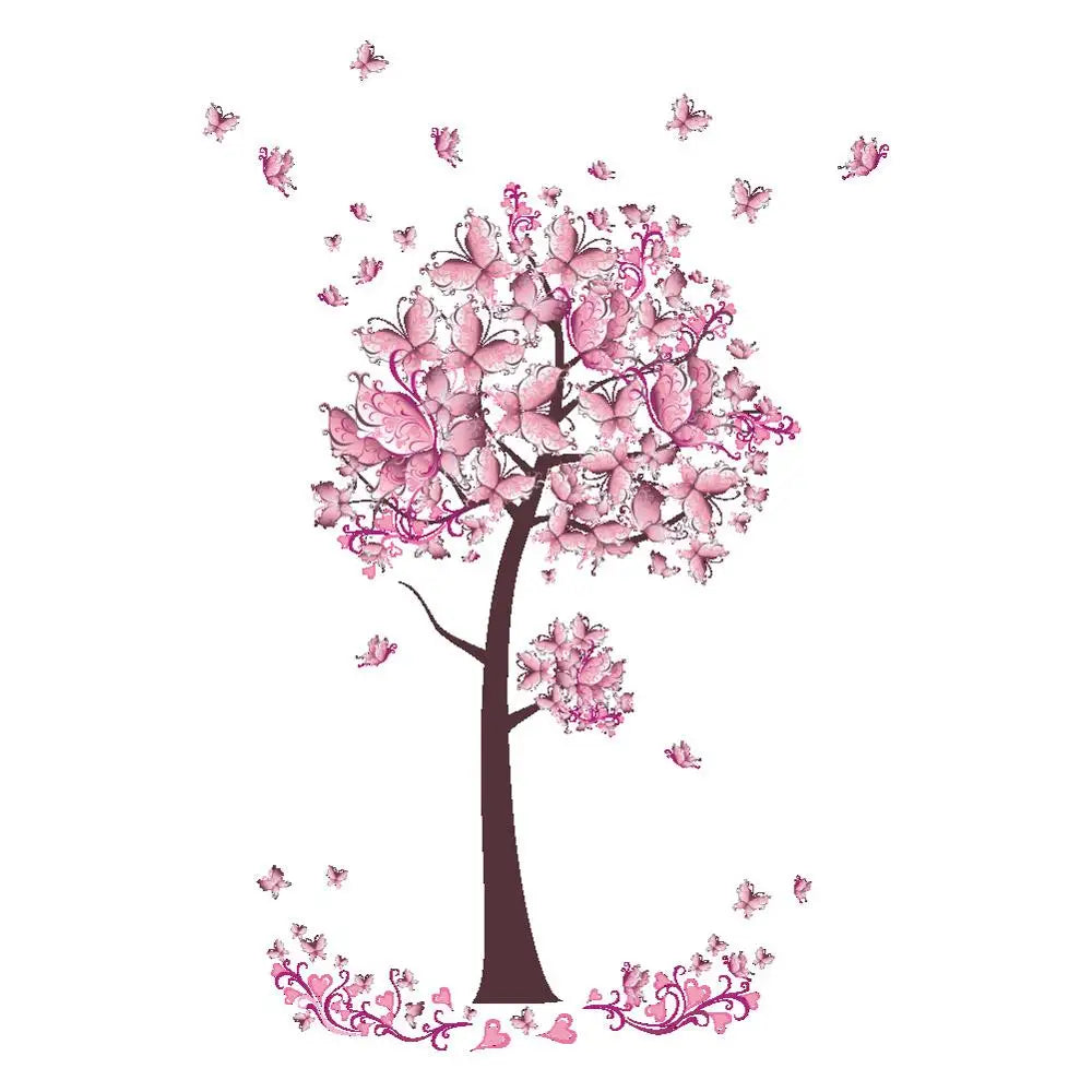 Pink Butterfly Flower Wall Sticker Bedroom Living Room Background Decorations Wallpaper Girl's Room Mural Decor Door Stickers