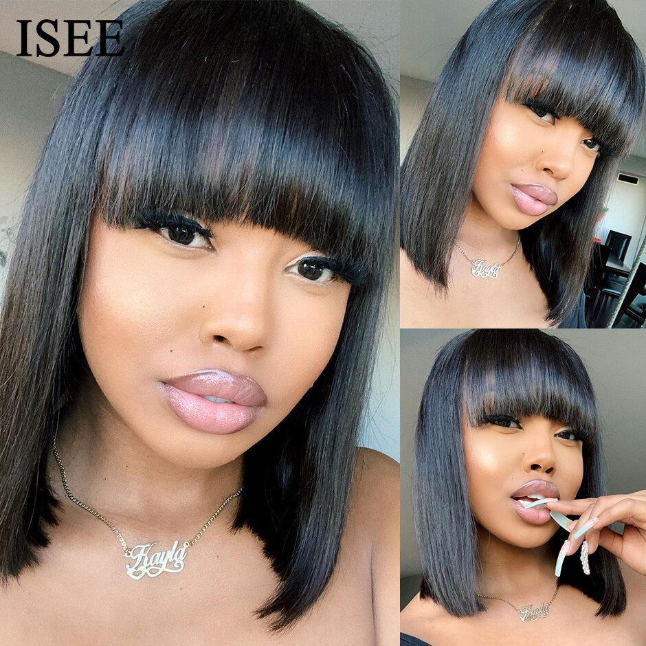 ISEE HAIR Machine Made Sew In Short Bob Wig With Bangs Human Hair