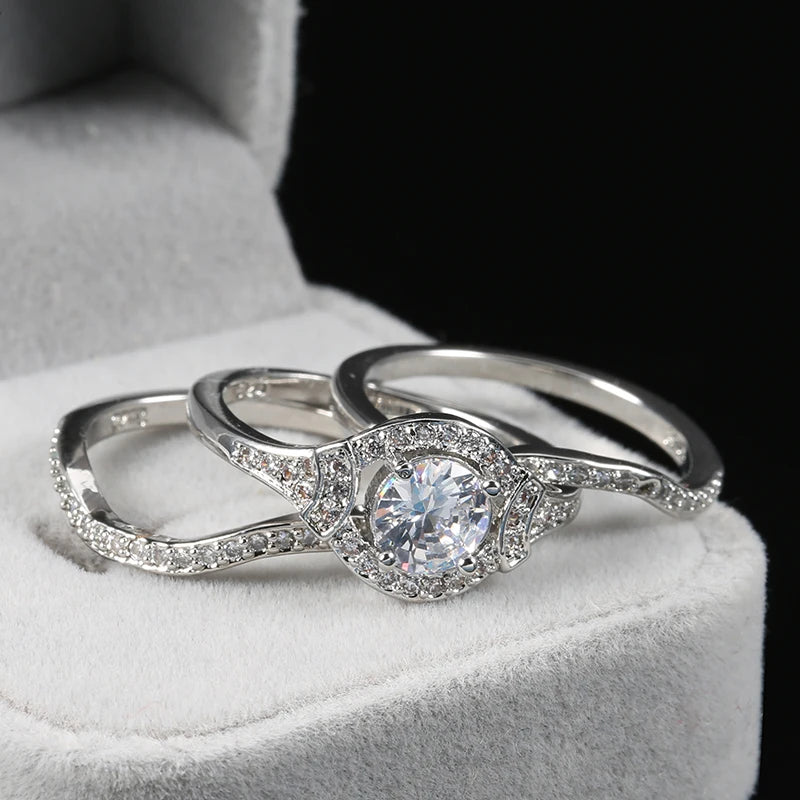 Kinel Luxury Female Zircon Stone Ring 3pcs/Sets Silver Color Crystal Flower Bridal Wedding Rings For Women Engagement Jewelry