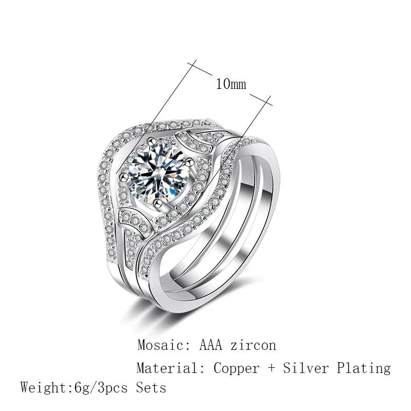 Kinel Luxury Female Zircon Stone Ring 3pcs/Sets Silver Color Crystal Flower Bridal Wedding Rings For Women Engagement Jewelry