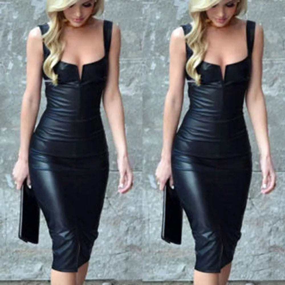 Lea Leather Dress: Off The Shoulder Leather Dress Fashion Women Bandage Bodycon Sleeveless Club Evening Party Short Dress Elegant Vestido Plus Size Up To 2XL