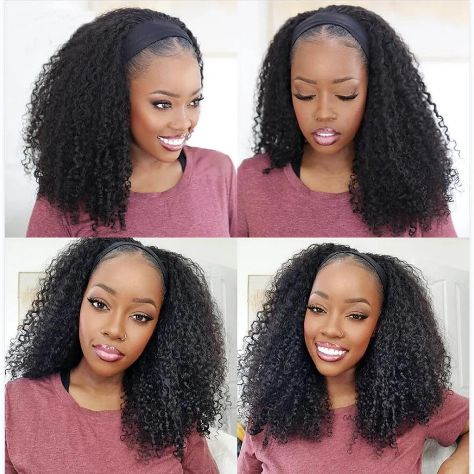 Curly Headband Wig Human Hair Wigs Kinky Curly Human Hair Wigs For Black Women Glueless Full Manchine Scarf Wigs Natural Color
