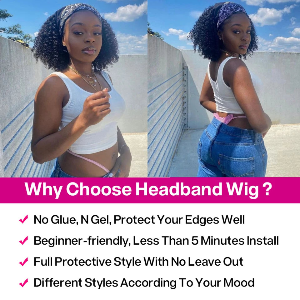 Curly Headband Wig Human Hair Wigs Kinky Curly Human Hair Wigs For Black Women Glueless Full Manchine Scarf Wigs Natural Color