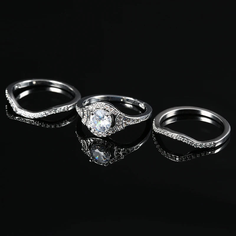 Kinel Luxury Female Zircon Stone Ring 3pcs/Sets Silver Color Crystal Flower Bridal Wedding Rings For Women Engagement Jewelry
