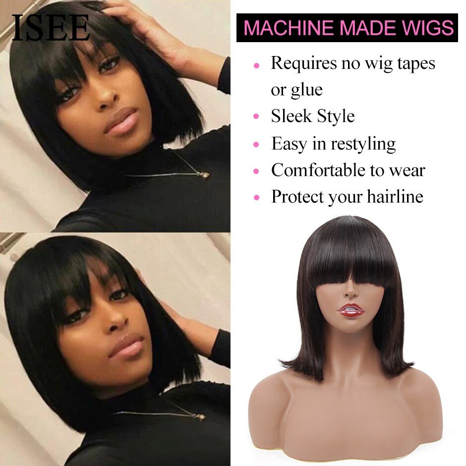 ISEE HAIR Machine Made Sew In Short Bob Wig With Bangs Human Hair