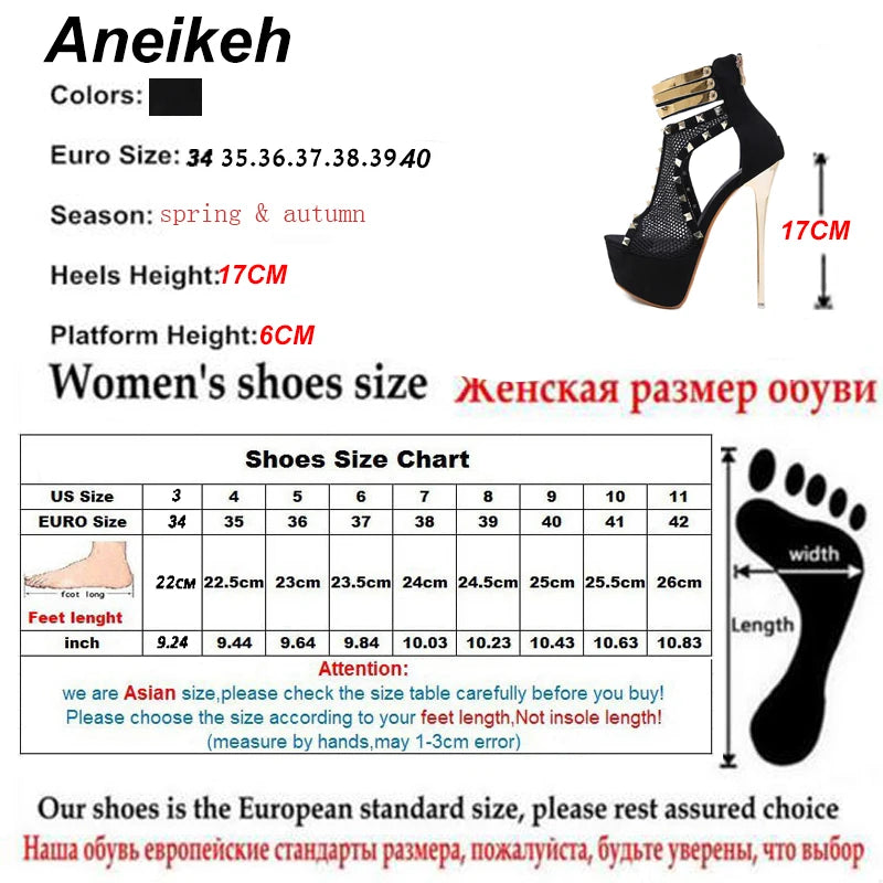 Aneikeh 2024 Mesh Fashion Women Rivets Platforms Boots Square High Heels Shoes Zip Open toe Sexy Boots Solid Party Size 34-40