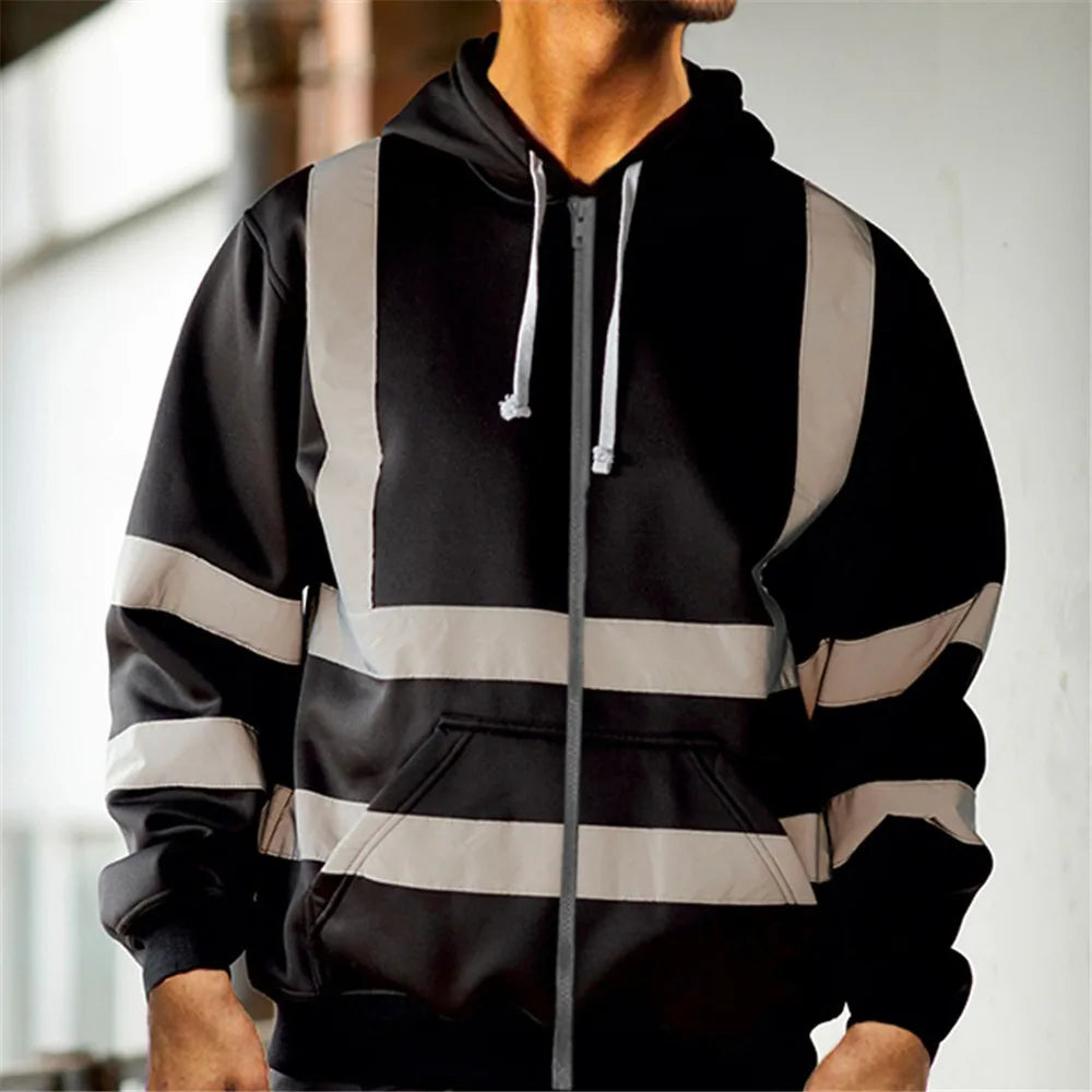 Men Stripe Patchwork Hooded Jacket Ski Hoodies 2021 Winter Reflective Visibility Workwear Coat Color Block Workwear Oversize 3XL