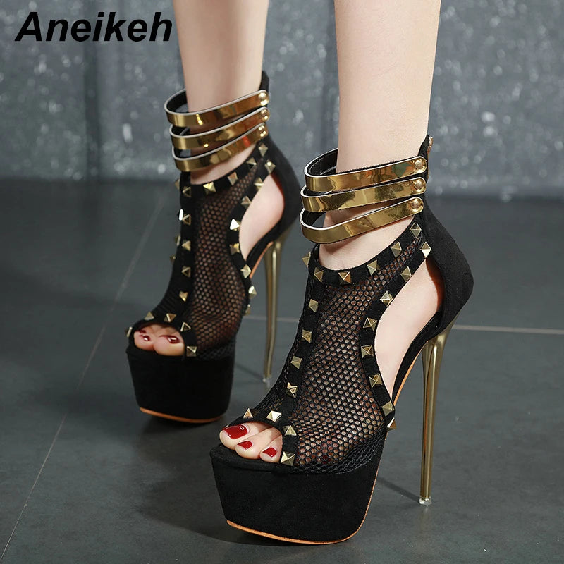 Aneikeh 2024 Mesh Fashion Women Rivets Platforms Boots Square High Heels Shoes Zip Open toe Sexy Boots Solid Party Size 34-40
