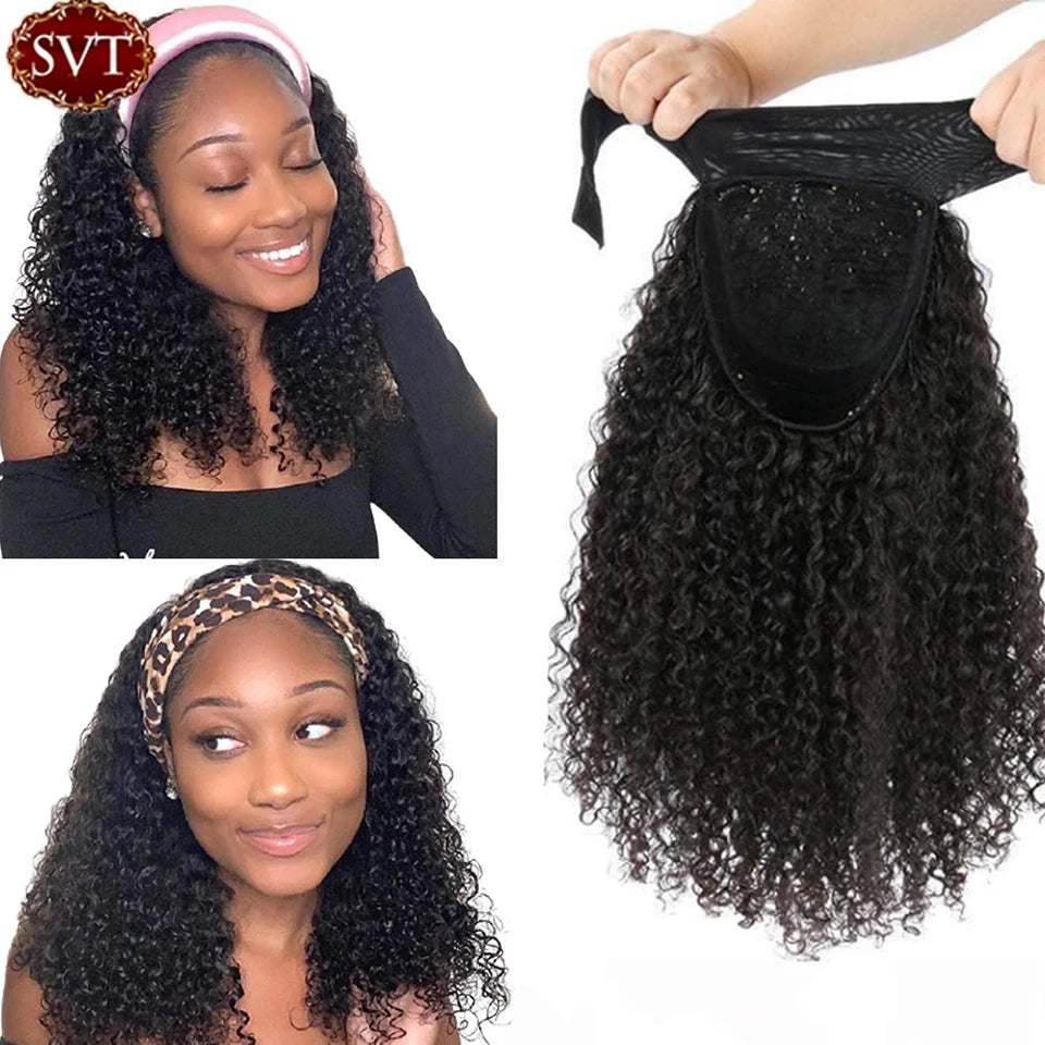Curly Headband Wig Human Hair Wigs Kinky Curly Human Hair Wigs For Black Women Glueless Full Manchine Scarf Wigs Natural Color