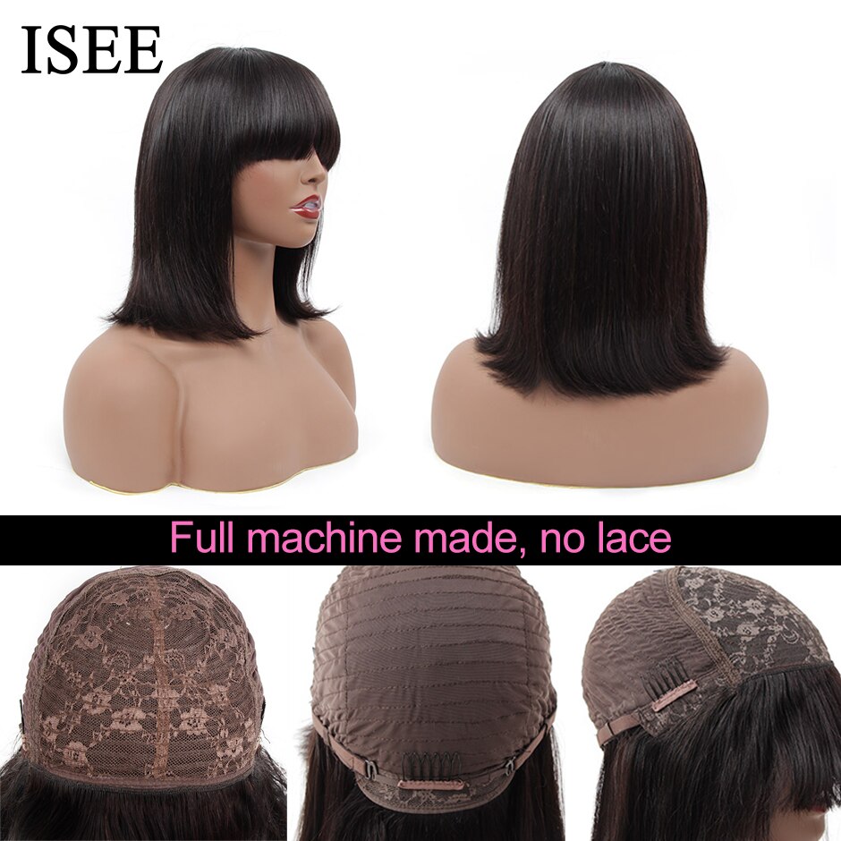 ISEE HAIR Machine Made Sew In Short Bob Wig With Bangs Human Hair