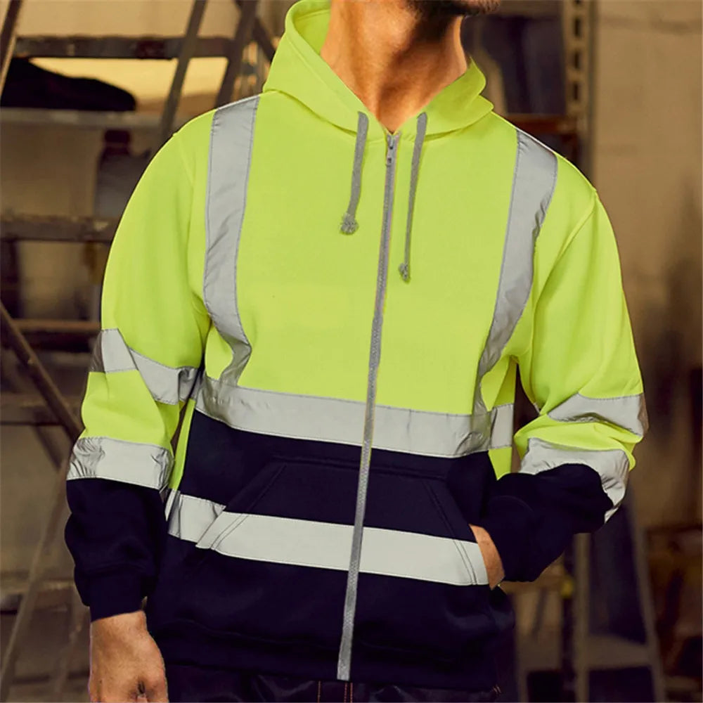 Men Stripe Patchwork Hooded Jacket Ski Hoodies 2021 Winter Reflective Visibility Workwear Coat Color Block Workwear Oversize 3XL