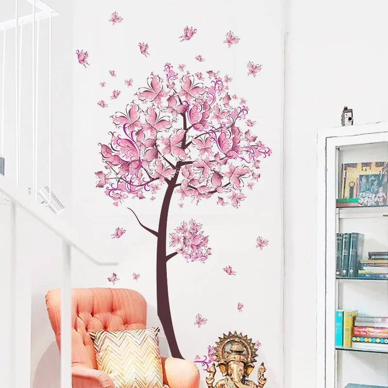 Pink Butterfly Flower Wall Sticker Bedroom Living Room Background Decorations Wallpaper Girl's Room Mural Decor Door Stickers