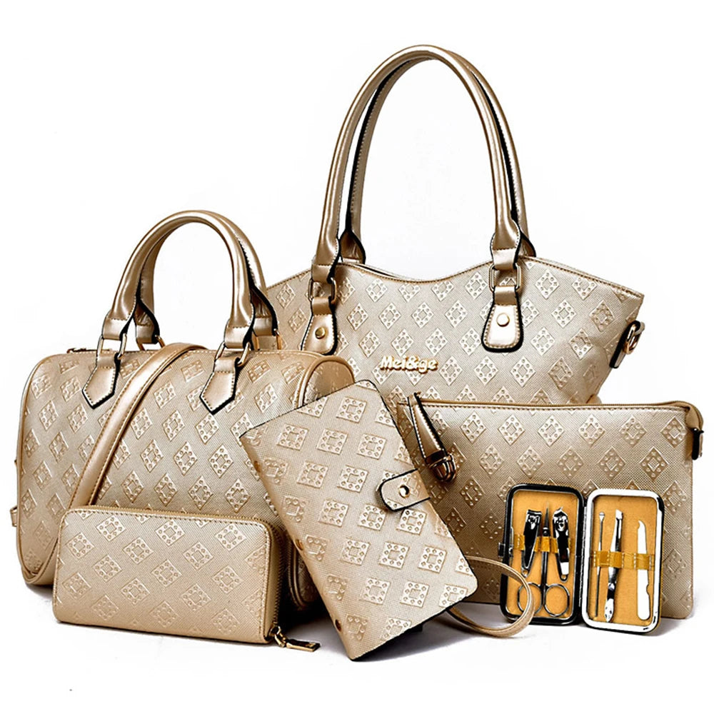 Handbag Set: 6pcs Women Handbag Set Patent Leather Fashion Crossbody Shoulder Bag Crocodile Large Tote Bag Purse Clutch Yellow Composite Bag