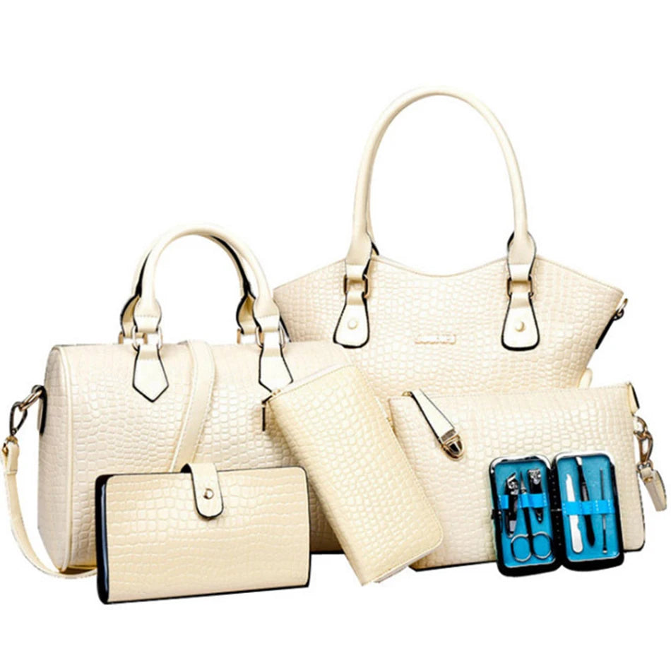 Handbag Set: 6pcs Women Handbag Set Patent Leather Fashion Crossbody Shoulder Bag Crocodile Large Tote Bag Purse Clutch Yellow Composite Bag