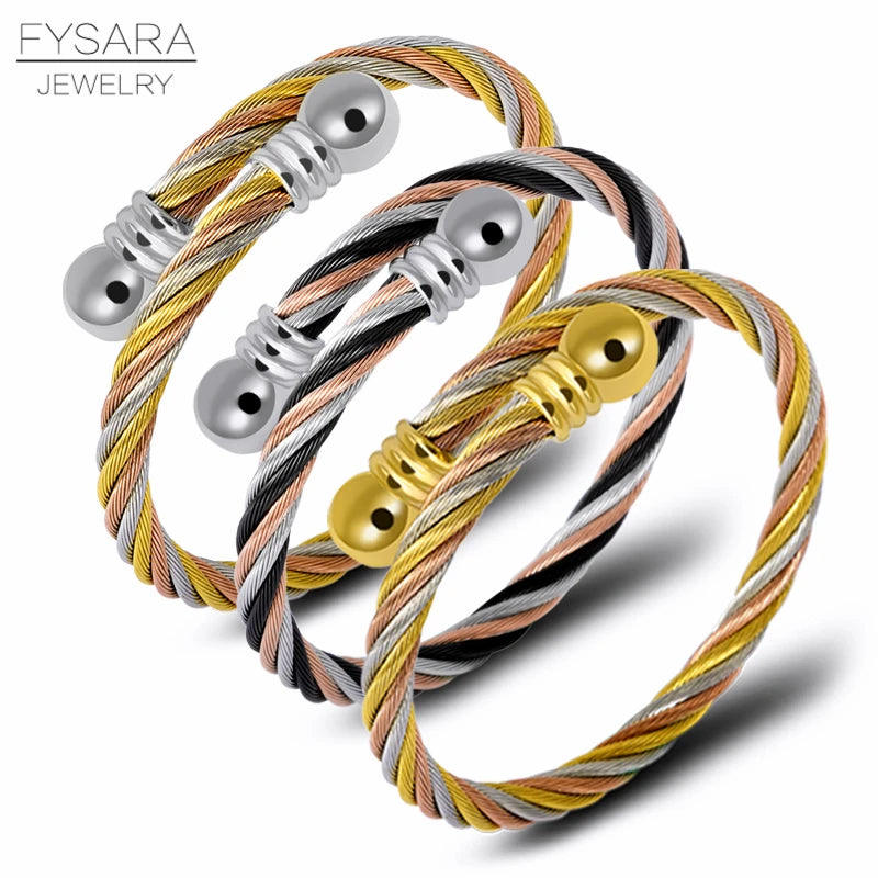 FYSARA Twist Wire Cable Jewelry Set Couple Bracelets Ring Multi Color Ttitanium Steel Ring Bangle Vintage Jewelry Set Custom