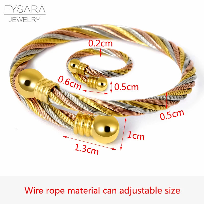 FYSARA Twist Wire Cable Jewelry Set Couple Bracelets Ring Multi Color Ttitanium Steel Ring Bangle Vintage Jewelry Set Custom