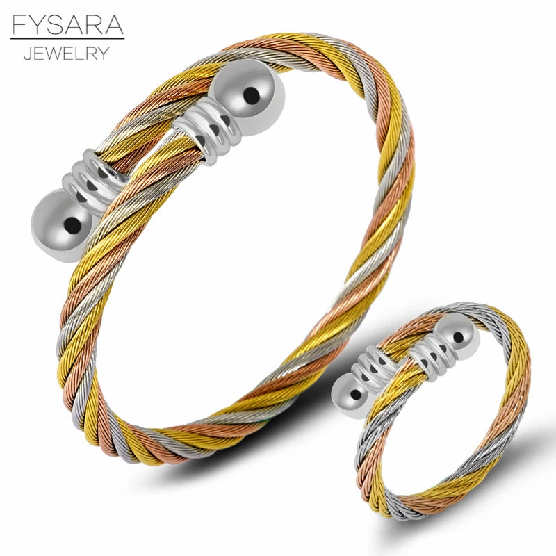 FYSARA Twist Wire Cable Jewelry Set Couple Bracelets Ring Multi Color Ttitanium Steel Ring Bangle Vintage Jewelry Set Custom