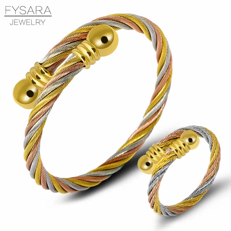 FYSARA Twist Wire Cable Jewelry Set Couple Bracelets Ring Multi Color Ttitanium Steel Ring Bangle Vintage Jewelry Set Custom
