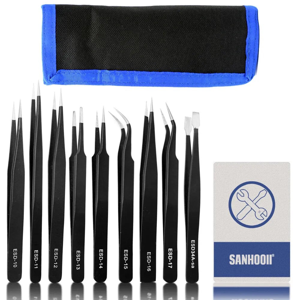 Sanhooii 9PCS ESD Stainless Steel Tweezers Kit Precision Anti-static Maintenance Tools for Electronics Jewelry Phone Repairing