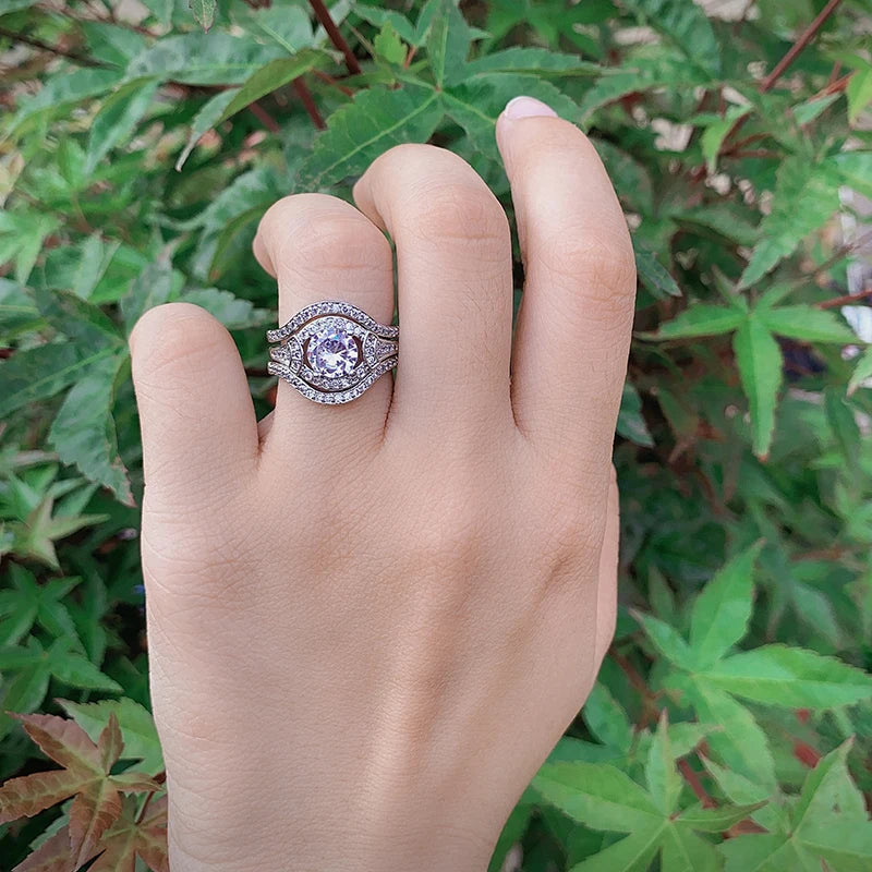 Kinel Luxury Female Zircon Stone Ring 3pcs/Sets Silver Color Crystal Flower Bridal Wedding Rings For Women Engagement Jewelry