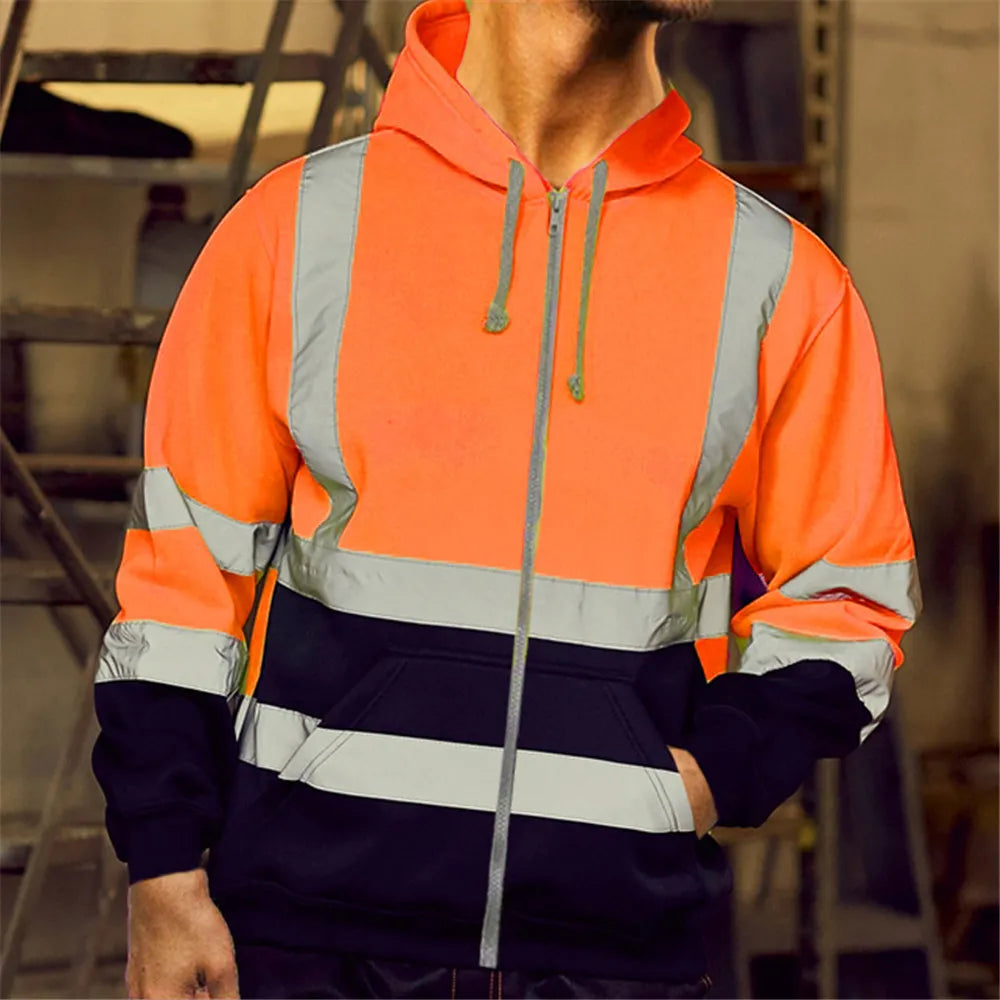 Men Stripe Patchwork Hooded Jacket Ski Hoodies 2021 Winter Reflective Visibility Workwear Coat Color Block Workwear Oversize 3XL