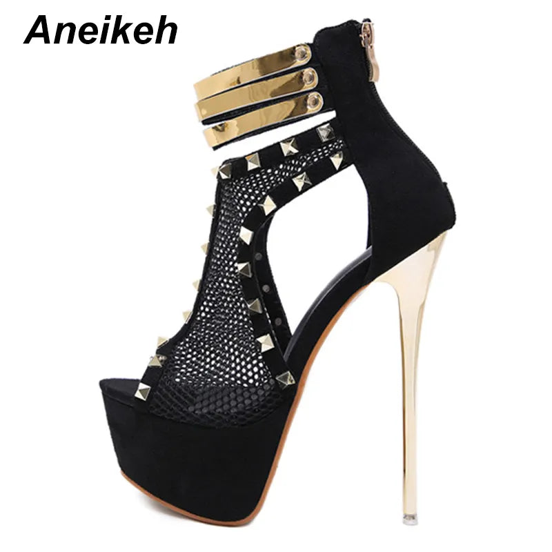 Aneikeh 2024 Mesh Fashion Women Rivets Platforms Boots Square High Heels Shoes Zip Open toe Sexy Boots Solid Party Size 34-40