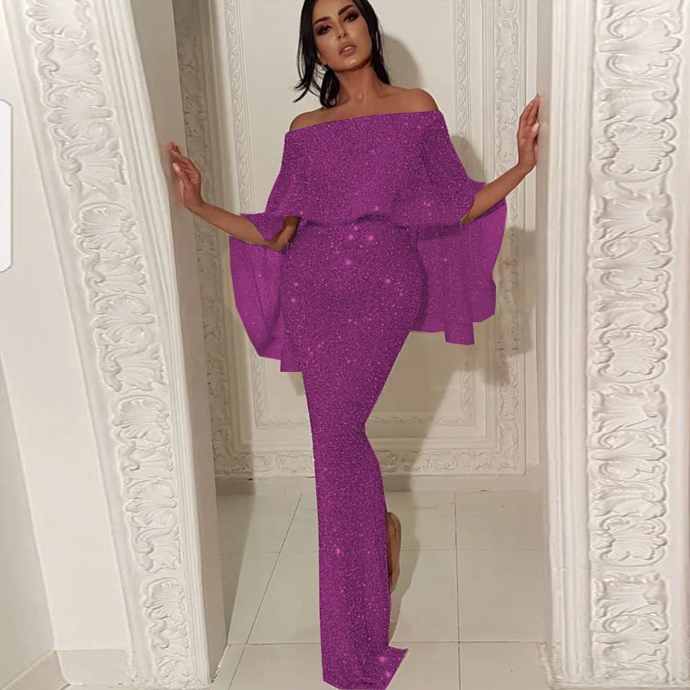 Shiny Elegant Sequin Off Shoulder Bodycon Evening Gown High Waist Zipper Back Solid 2019 Autumn Ruffles Sleeve Women Party Dress