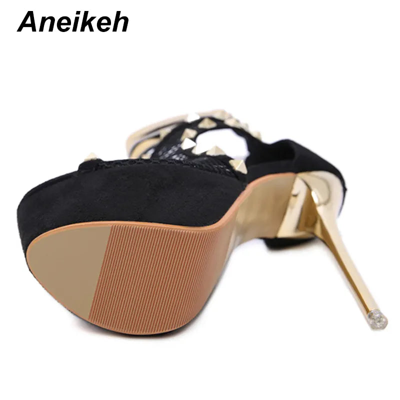 Aneikeh 2024 Mesh Fashion Women Rivets Platforms Boots Square High Heels Shoes Zip Open toe Sexy Boots Solid Party Size 34-40