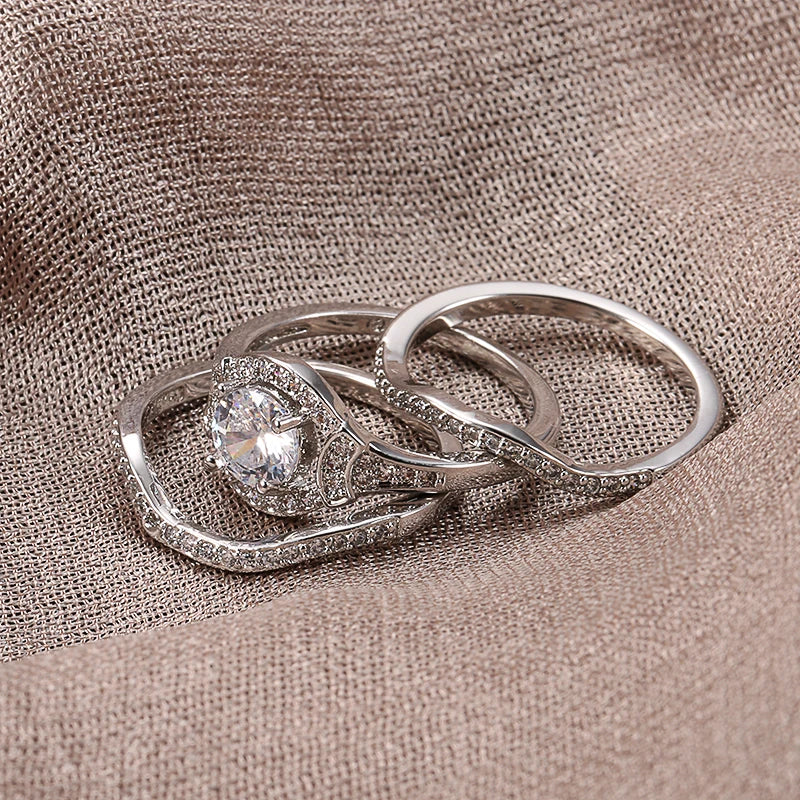 Kinel Luxury Female Zircon Stone Ring 3pcs/Sets Silver Color Crystal Flower Bridal Wedding Rings For Women Engagement Jewelry