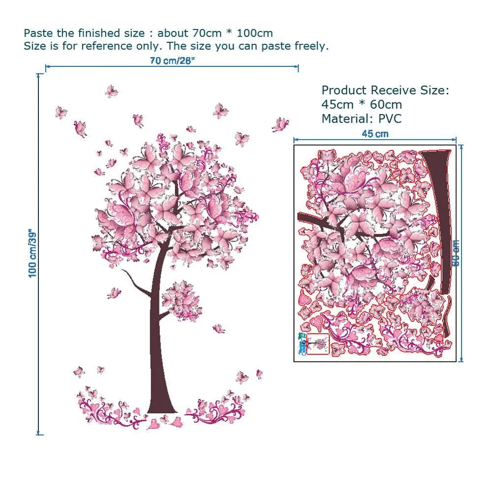 Pink Butterfly Flower Wall Sticker Bedroom Living Room Background Decorations Wallpaper Girl's Room Mural Decor Door Stickers