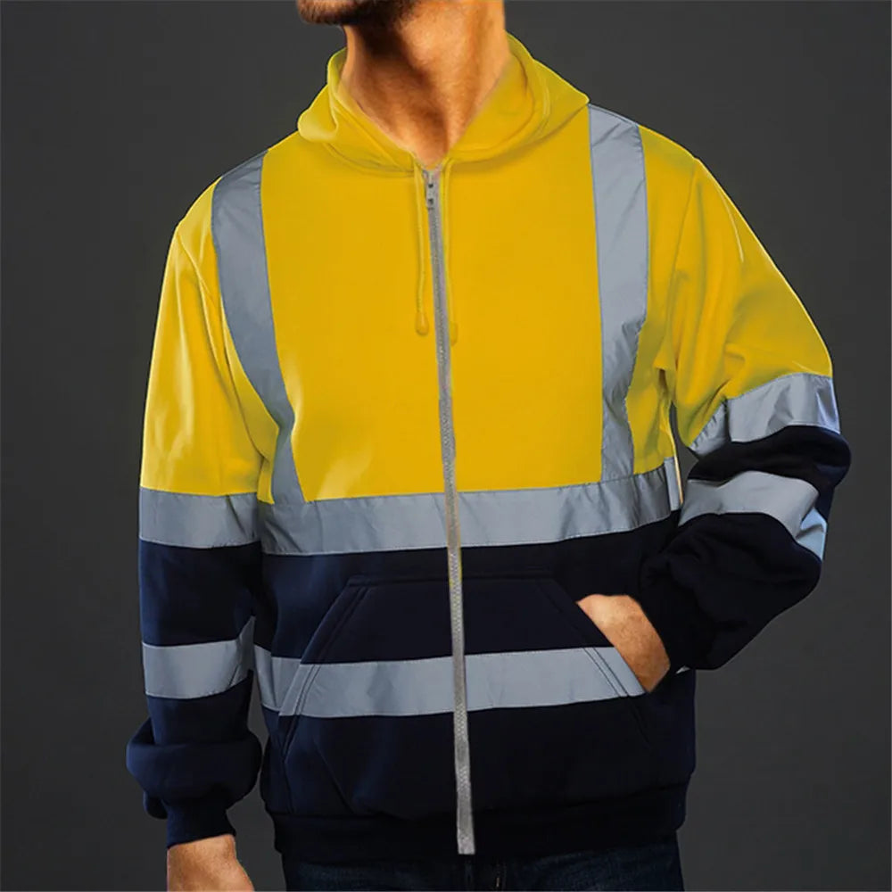Men Stripe Patchwork Hooded Jacket Ski Hoodies 2021 Winter Reflective Visibility Workwear Coat Color Block Workwear Oversize 3XL