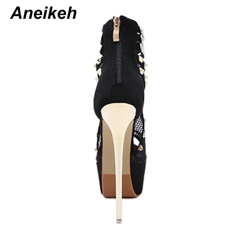Aneikeh 2024 Mesh Fashion Women Rivets Platforms Boots Square High Heels Shoes Zip Open toe Sexy Boots Solid Party Size 34-40