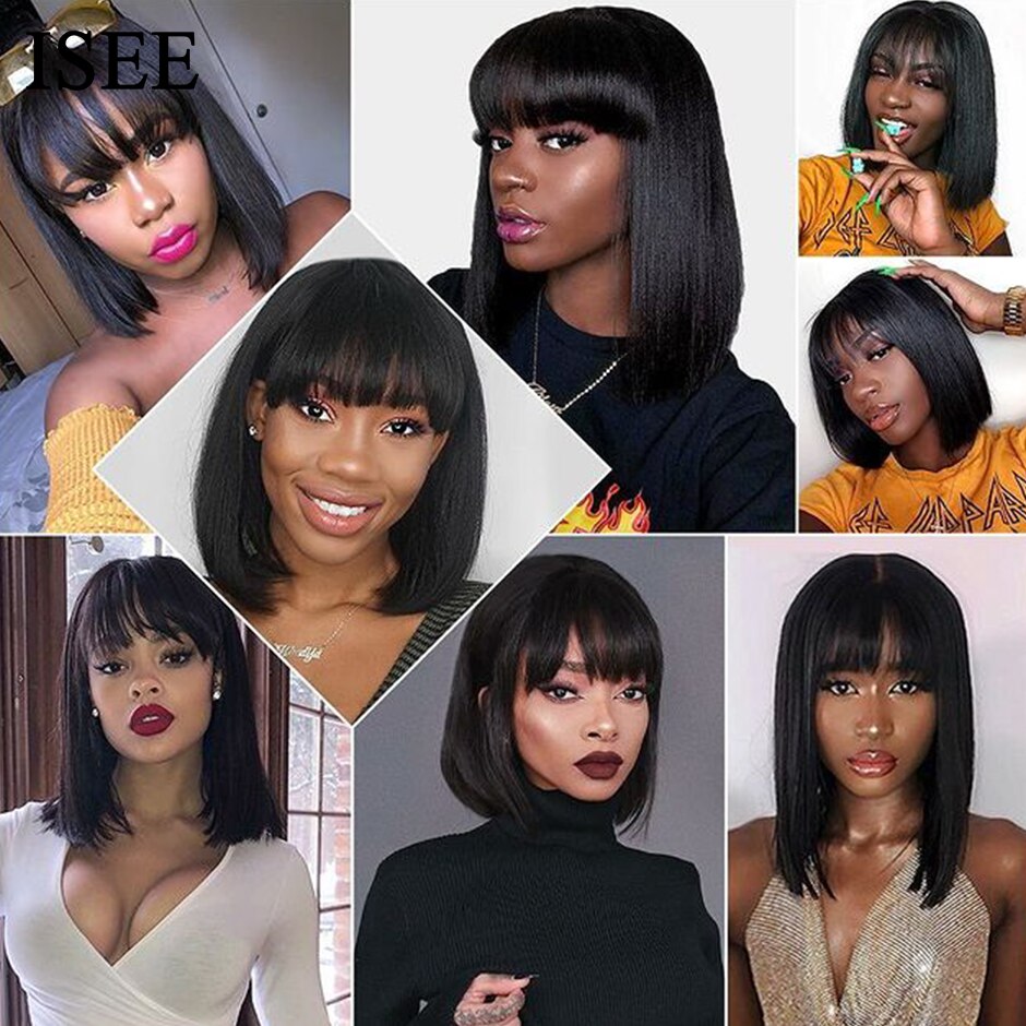 ISEE HAIR Machine Made Sew In Short Bob Wig With Bangs Human Hair