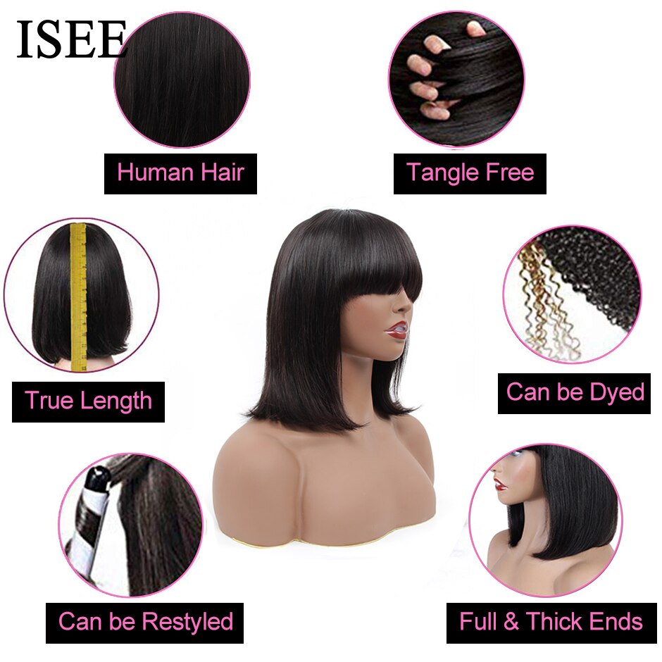 ISEE HAIR Machine Made Sew In Short Bob Wig With Bangs Human Hair