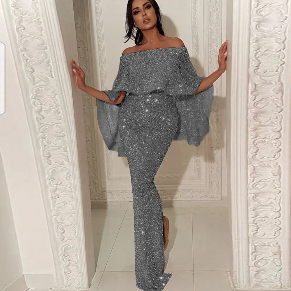 Shiny Elegant Sequin Off Shoulder Bodycon Evening Gown High Waist Zipper Back Solid 2019 Autumn Ruffles Sleeve Women Party Dress