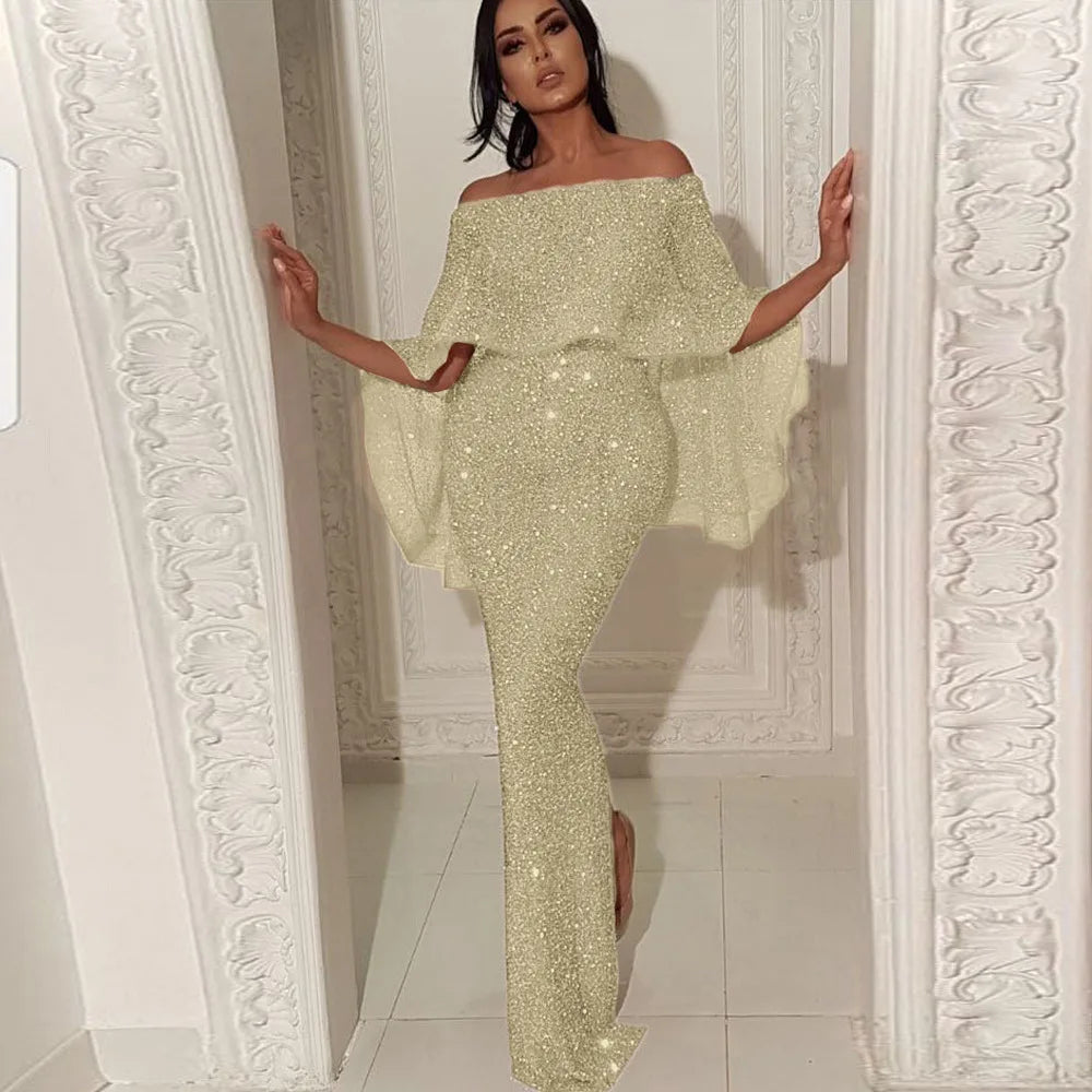 Shiny Elegant Sequin Off Shoulder Bodycon Evening Gown High Waist Zipper Back Solid 2019 Autumn Ruffles Sleeve Women Party Dress