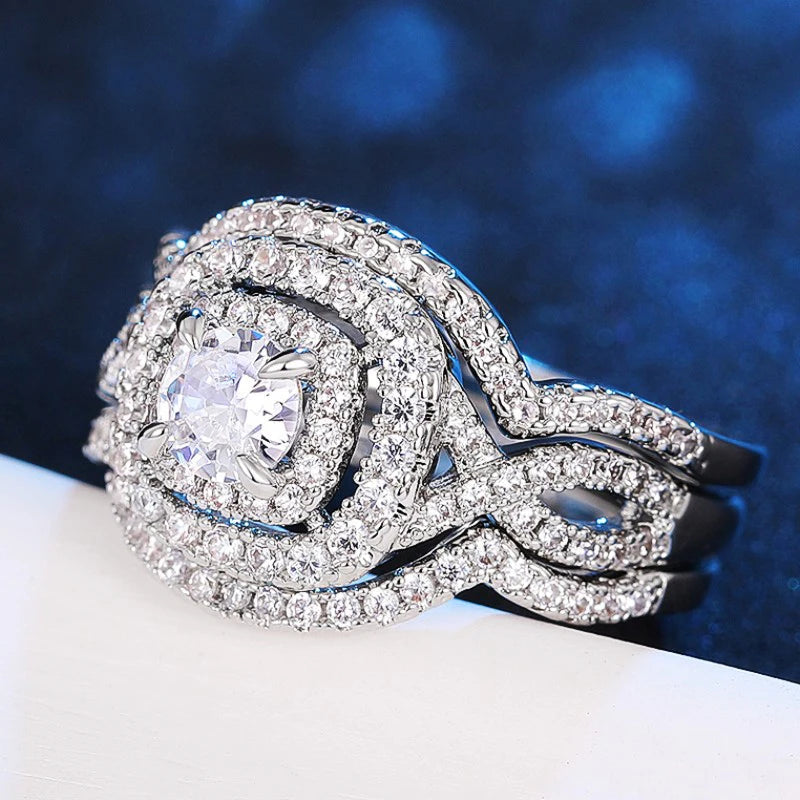 Huitan Luxury Trendy Crystal Wedding Rings for Women 3Pcs Set Silver Color Engagement Marriage Accessories Bridal Rings Jewelry