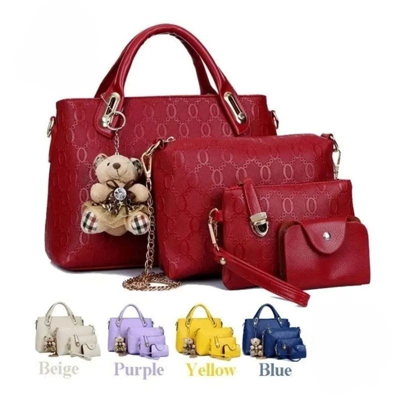 Handbag Set: 4PCS Set PU Leather Leisure Bag Handbag Shoulder Hanging Wallet Composite Bag Elegant Lady Bear Pendant Bag
