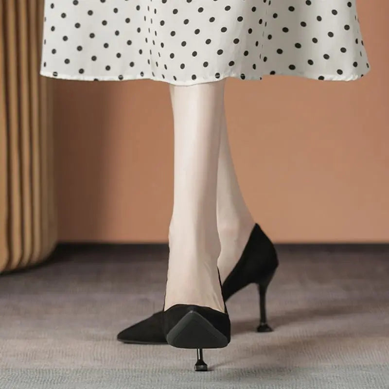 Women's Shoes: Black High Heels Women Summer Stiletto Suede Single Shoes Velvet Interview Formal Wear Professional Student Etiquette Shoes