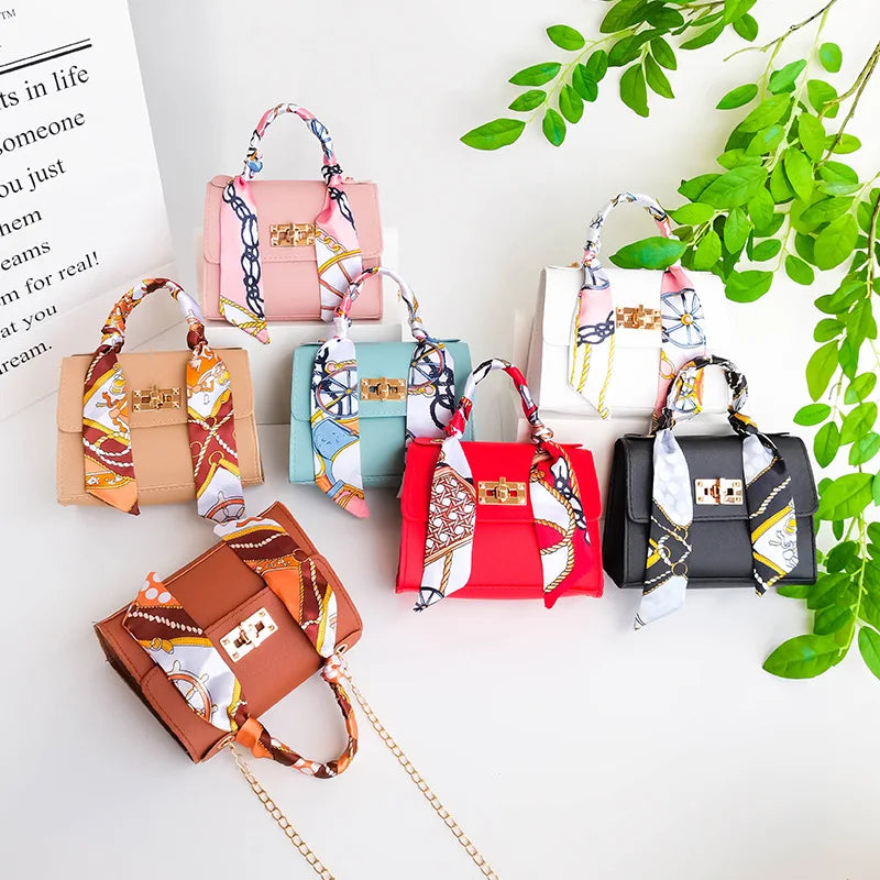 Trendy Handbag: Women Small Square Pack Handbags Silk Scarf Shoulder Bags PU Leather Mini Chain Bag Luxury Ribbons Crossbody Bags