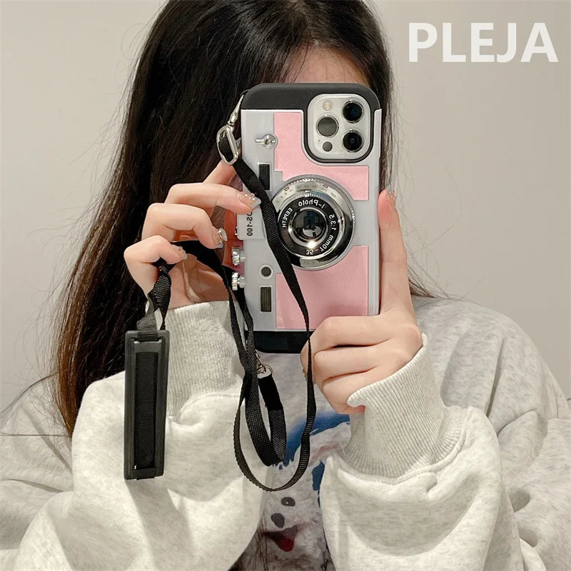 Fashion Crossbody Strap 3D Camera Phone Case For iPhone 15 Pro 14 Plus 11 13 12 Pro Max X Max XRCover Cute Soft Protective Cases