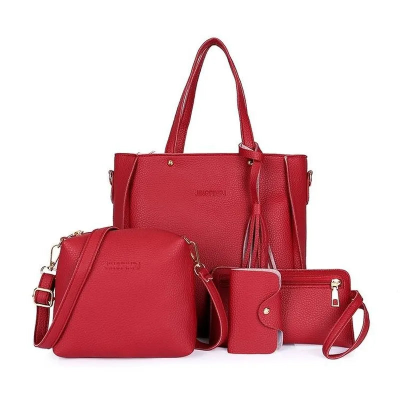 Handbag Set: 4Pcs/Set Women Top-Handle Bags Female Composite Bags Women Messenger Bags Handbag Set PU Leather Wallets Key Bag Set