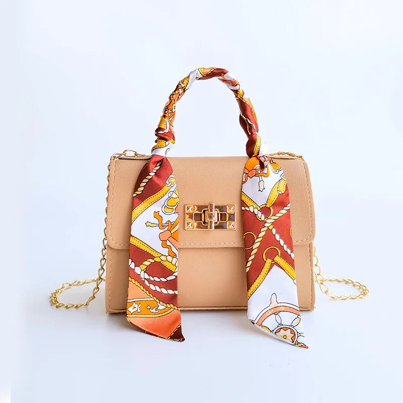 Trendy Handbag: Women Small Square Pack Handbags Silk Scarf Shoulder Bags PU Leather Mini Chain Bag Luxury Ribbons Crossbody Bags