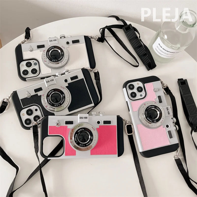 Fashion Crossbody Strap 3D Camera Phone Case For iPhone 15 Pro 14 Plus 11 13 12 Pro Max X Max XRCover Cute Soft Protective Cases