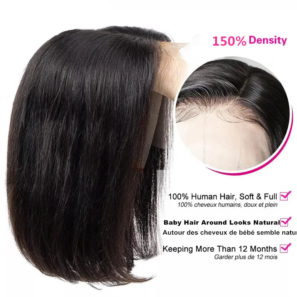 Glueless Wig: Glueless Short Bob Human Hair Wig Brazilian T Part side part Straight Lace Front Wig For Women Brazilian 150Density 8-16 inches Wear & Go