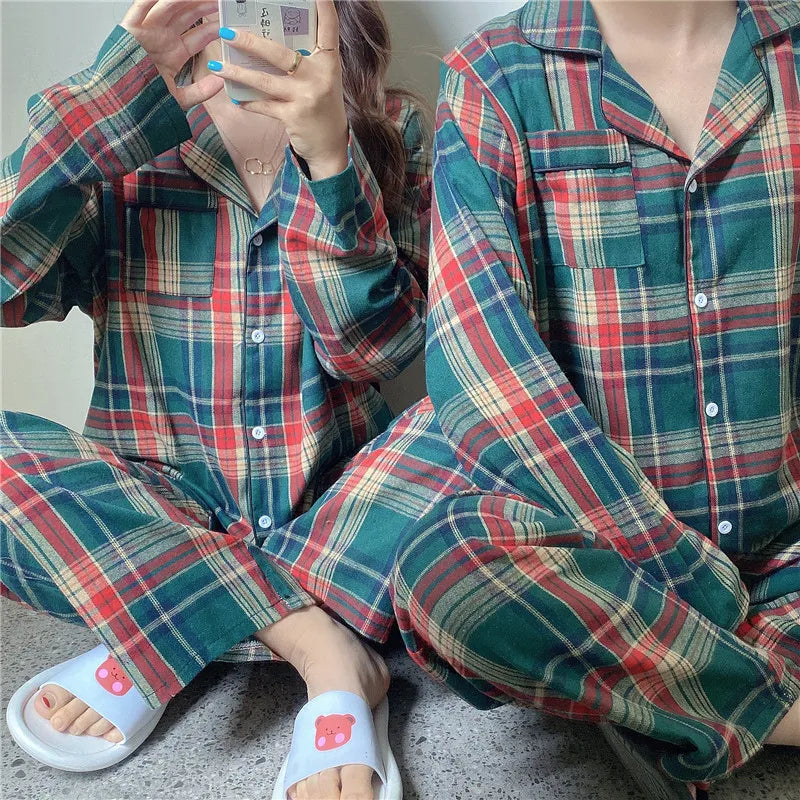 Green Christmas Pajamas Couple Pajama Set Simple Plaid Sleepwear Cotton Autumn Winter Women Pajamas Suit Long Sleeve Loungewear